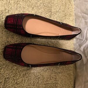 INC International Concepts Black and Red Plaid Square-Toe Embellished Flats